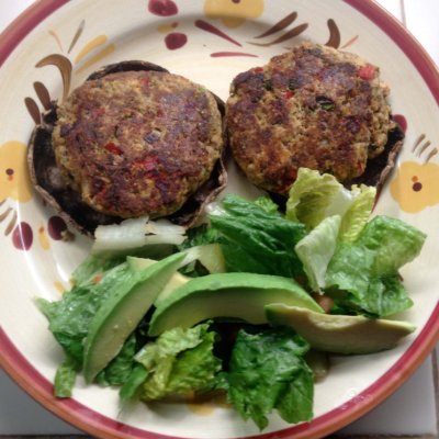 wheat and gluten free salmon burgers over portobello mushrooms