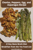 chorizo, peppers, and egg scramble with asparagus