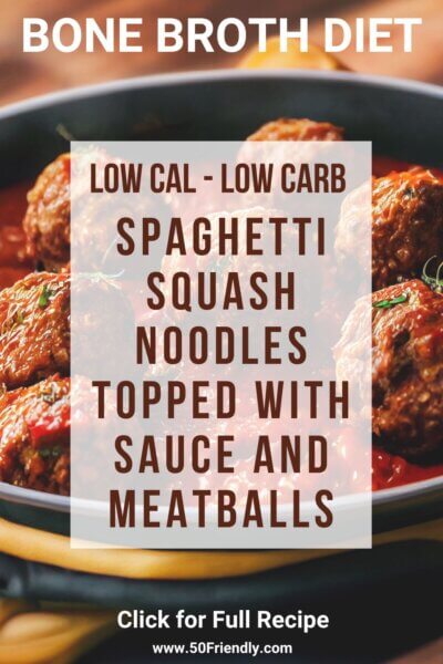 bone broth diet - spaghetti squash topped with sauce and meatballs