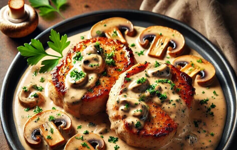 Keto friendly Low-Carb Low Cal Pork Chops with Mushroom Cream Sauce