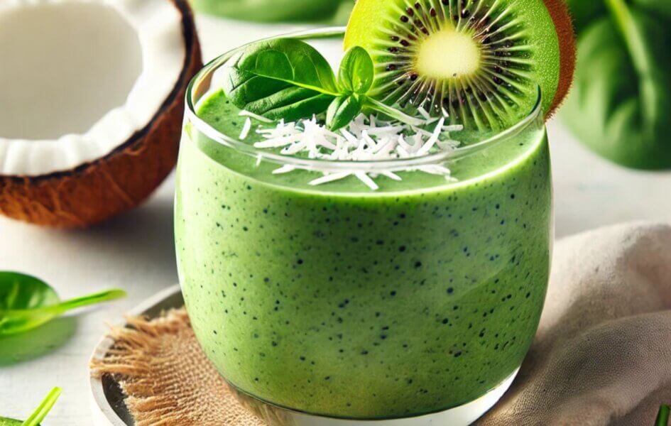 low carb low cal kiwi spinach coconut smoothie